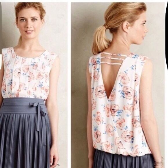 Anthropologie Meadow Rue Pleated Petals Tank Open Back Floral Blouse - L - Picture 3 of 7